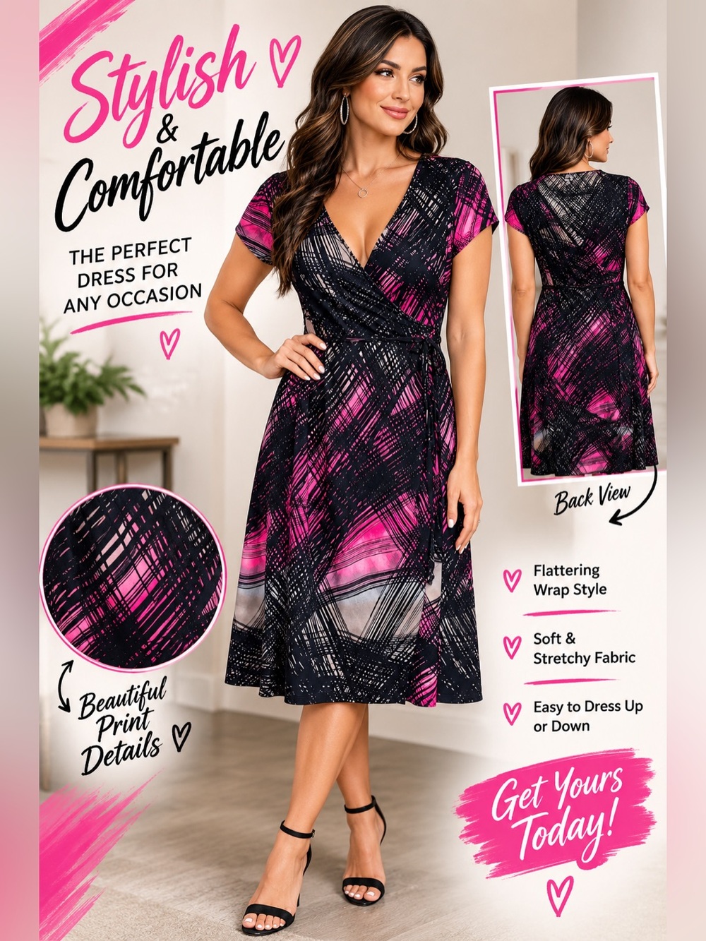 Worthington Black & Pink Abstract Wrap-Style Midi Dress EUC